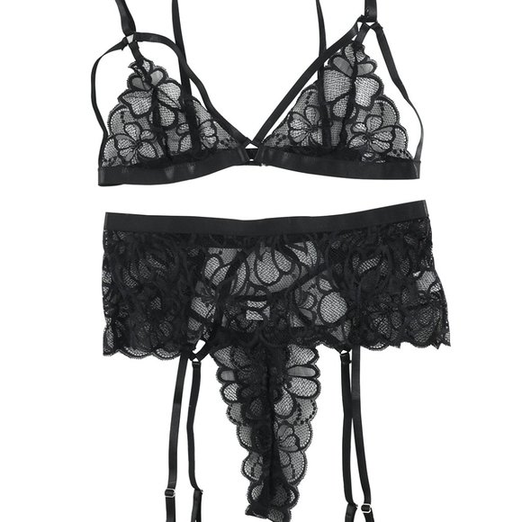 Black Lace Strappy 3pcs Lingerie Set with Garter Belt - Picture 14 of 14